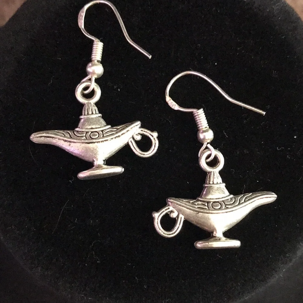 Silver Tone Genie Lamp French Wire Pierced Earrings Aladdin Magic Lantern